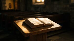 An open Bible on a wooden pulpit lit by a warm shaft of light in a dark sanctuary